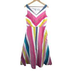 Emily and Fin Pink Multi Stripe colorful Metallic Seersucker midi dress sz L